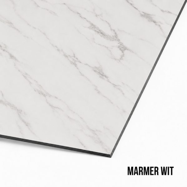 Hoek staal sample marmer wit met tekst