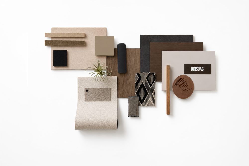 Interieurcollage met materialen selectie samples