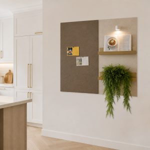 Magneetbord & viltwand combinatie keuken fabric en bruingrijs