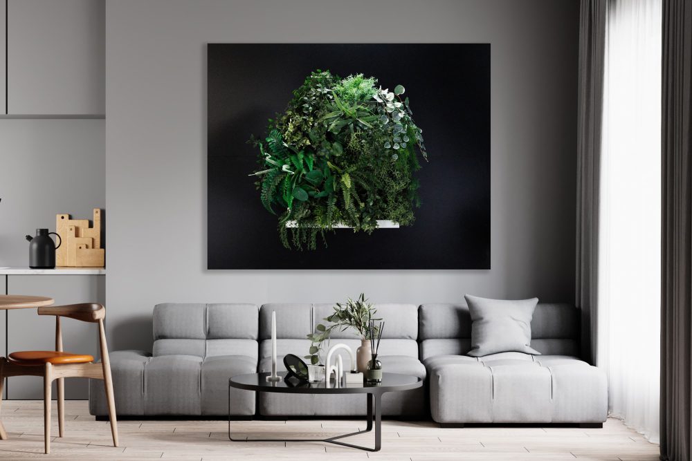 Mock up Metamorfose A - woonkamer green wall zwart wit (1)