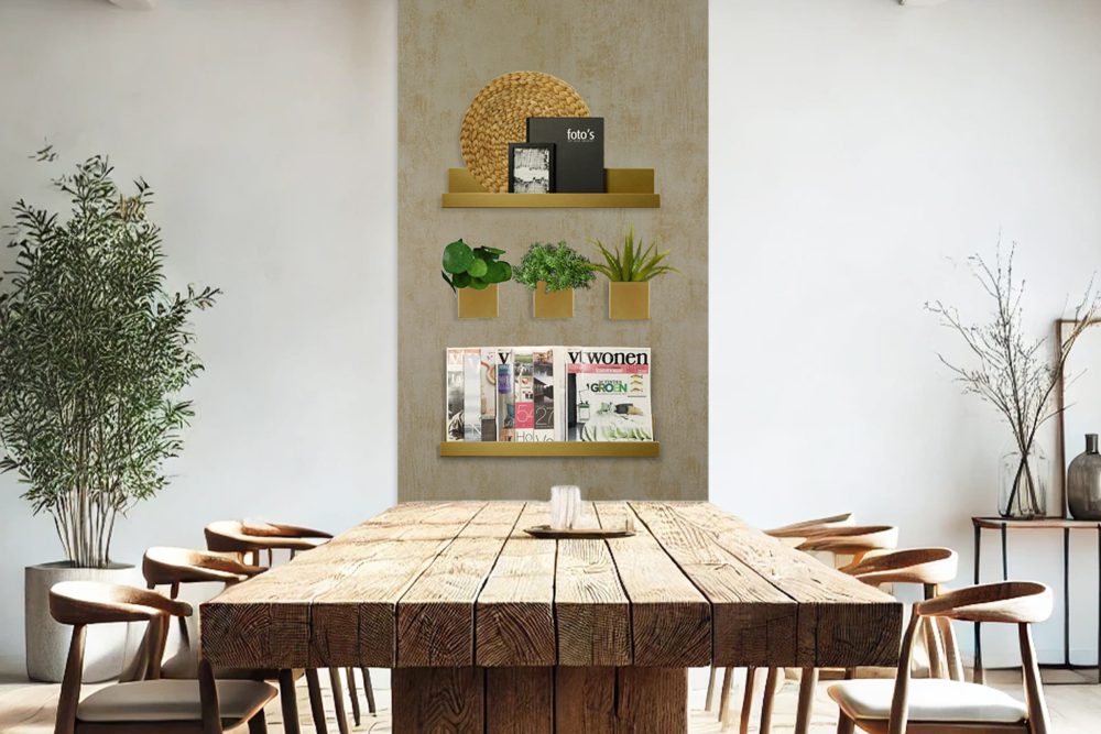 Eetkamer beton goud
