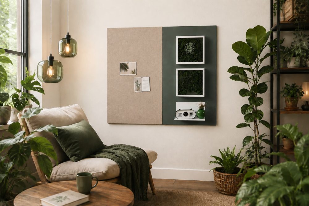 magneetbord en viltpaneel combinatie olijfgroen en lichtbruin in woonkamer 2400x1600